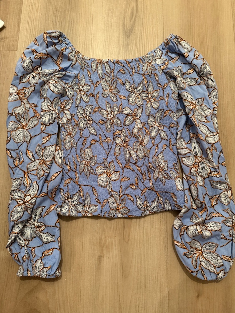 Jessica Simpson Blue Floral Smocked Off-Shoulder Blouse